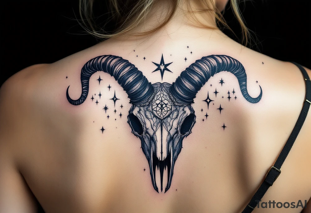 Bold black Capricorn stars constellation arch over a dark navy goat skull, blending astrology and mythology. tattoo idea