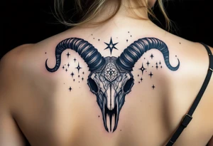 Bold black Capricorn stars constellation arch over a dark navy goat skull, blending astrology and mythology. tattoo idea