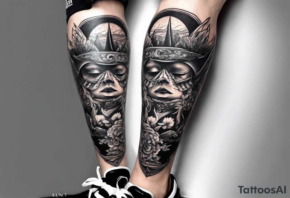 I need a black and white leg sleeve tattoo with a motivational theme tattoo idea