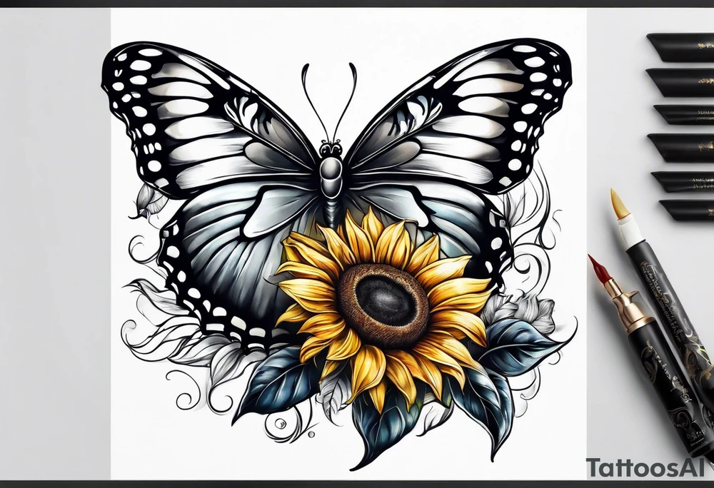 Butterfly sitting on a sunflower in owls body tattoo idea