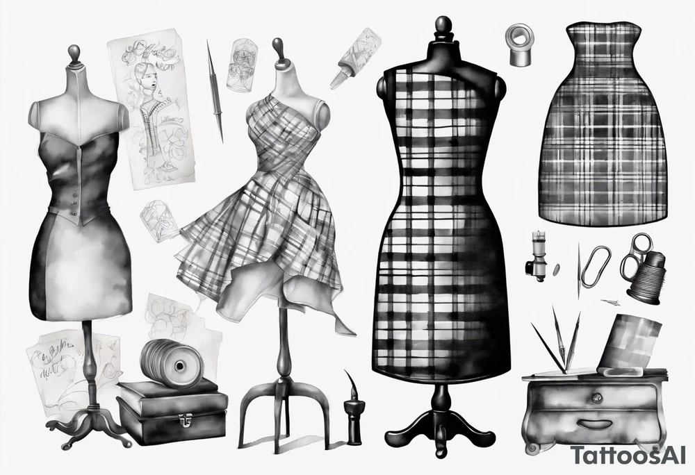 Tailor's mannequin in plaid woman's dress. Nearby a needle tracing two initials, plus a thimble tattoo idea