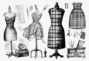Tailor's mannequin in plaid woman's dress. Nearby a needle tracing two initials, plus a thimble tattoo idea