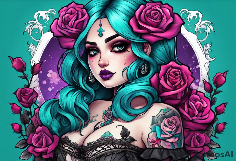 Chubby gothic girl, roses, skulls, teal, pink, purple tattoo idea