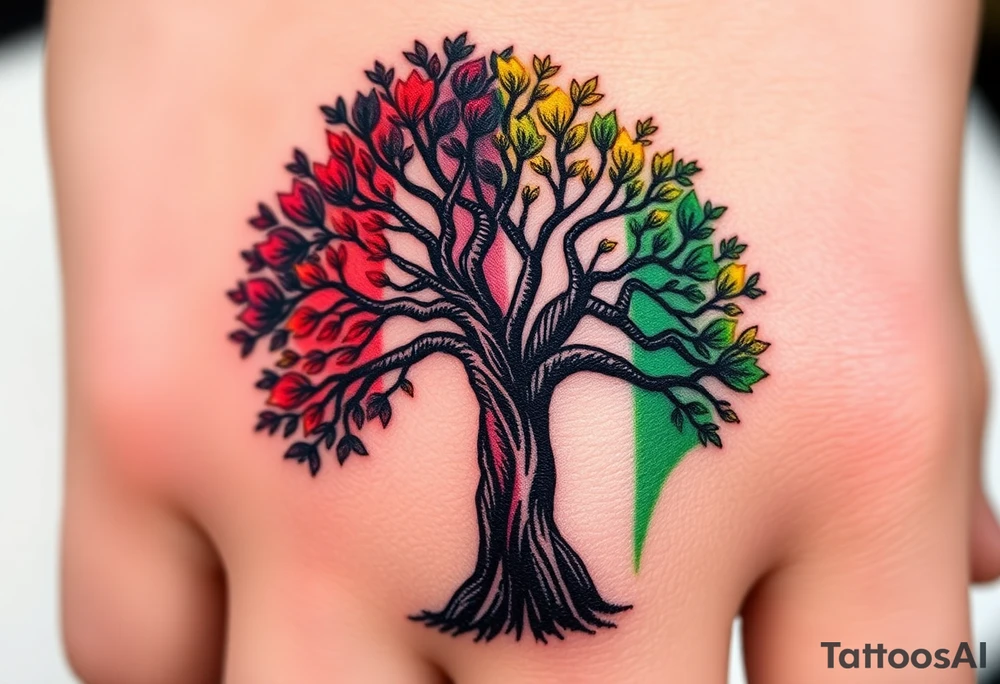 Vibrant tree of life Jamaican colours one half and Irish colours one half in background of tree tattoo idea