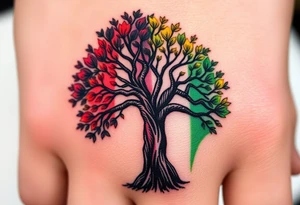 Vibrant tree of life Jamaican colours one half and Irish colours one half in background of tree tattoo idea