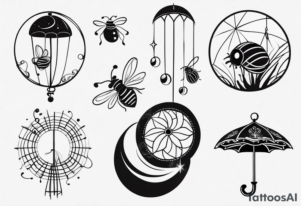very minimalist thin lining very minimal tattoo with combination of a ladybug, the letter ‘s’, a jellyfish and a swing tattoo idea