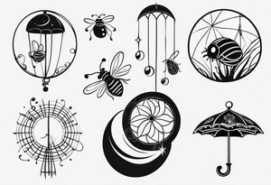 very minimalist thin lining very minimal tattoo with combination of a ladybug, the letter ‘s’, a jellyfish and a swing tattoo idea