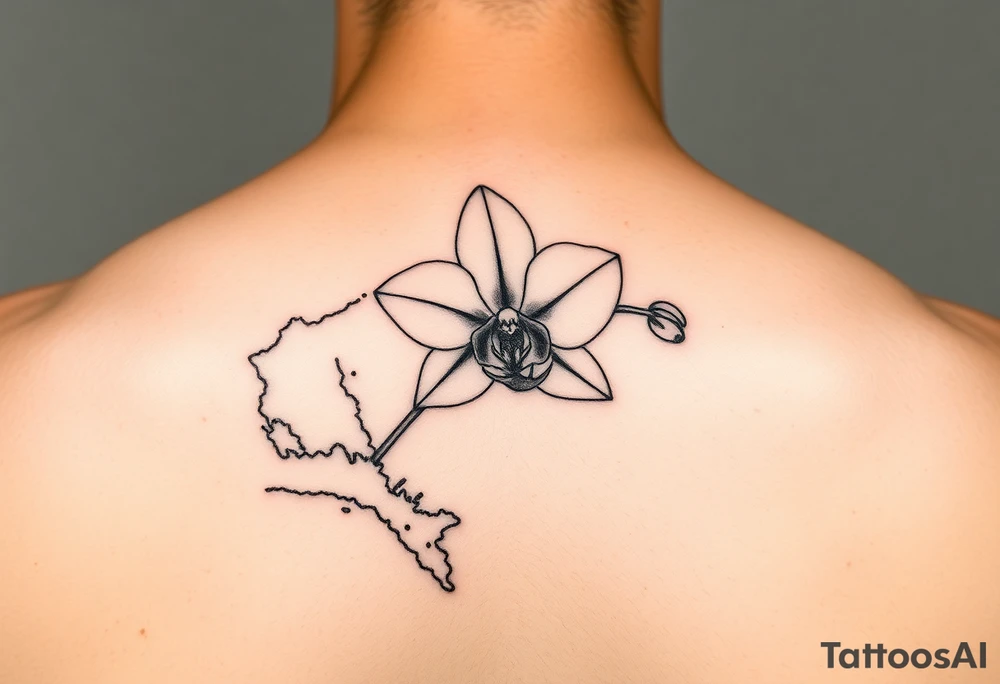 Thin line tattoo that uses the Venezuelan coastline as the stem of an orchid flower tattoo idea