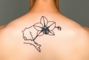 Thin line tattoo that uses the Venezuelan coastline as the stem of an orchid flower tattoo idea