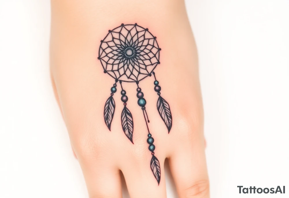 native dreamcatcher with flowing feathers and sacred beads tattoo idea