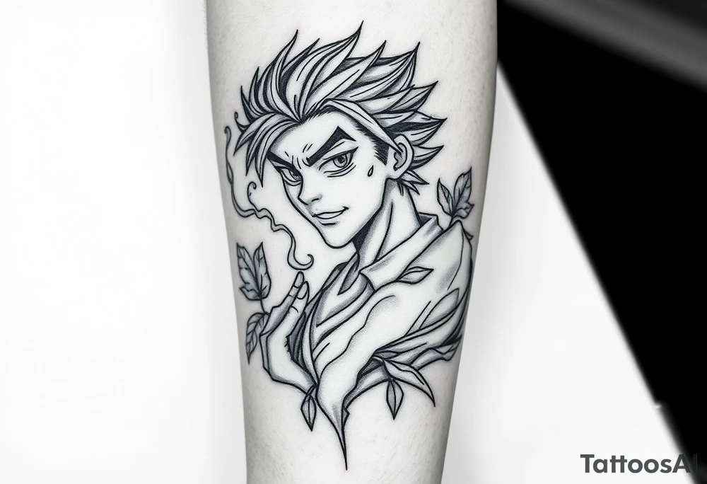 An animated character with smoke passing through and leaves in a negative effect around it. In black and white, dot shading with soft shading. tattoo idea