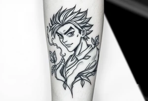 An animated character with smoke passing through and leaves in a negative effect around it. In black and white, dot shading with soft shading. tattoo idea