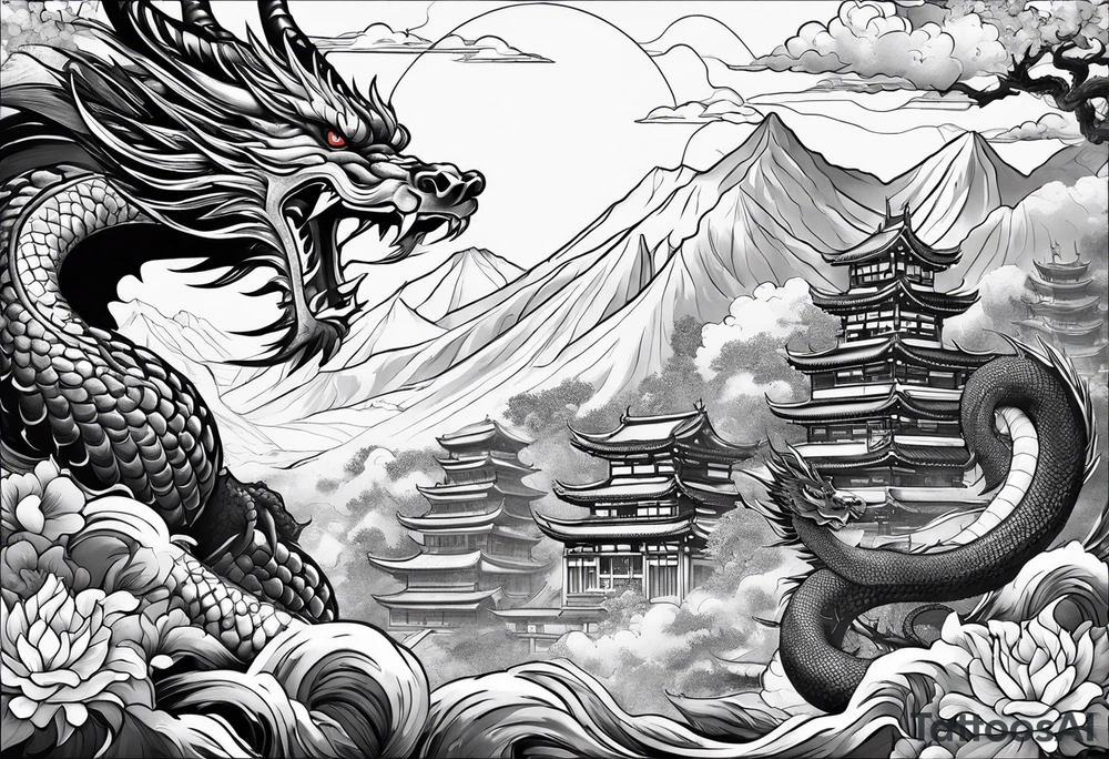 beautiful warrior nymph riding a dragon and the background will be mountains, clouds, and a Japanese building tattoo idea