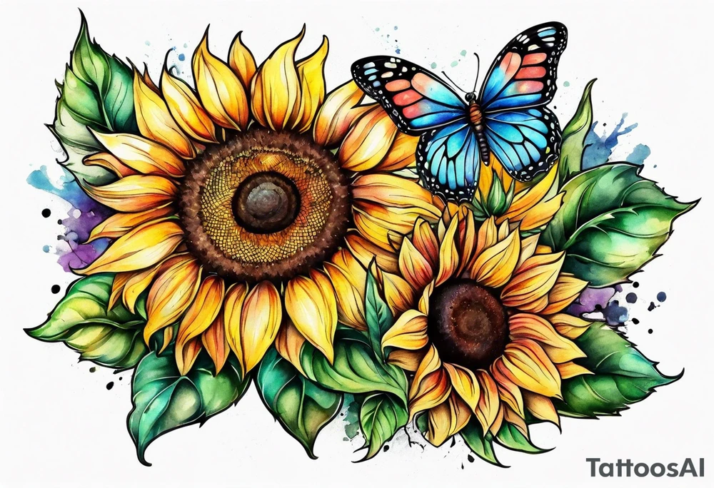Multi color sunflowers with a butterfly and cross arm sleeve tattoo idea