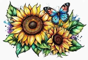 Multi color sunflowers with a butterfly and cross arm sleeve tattoo idea