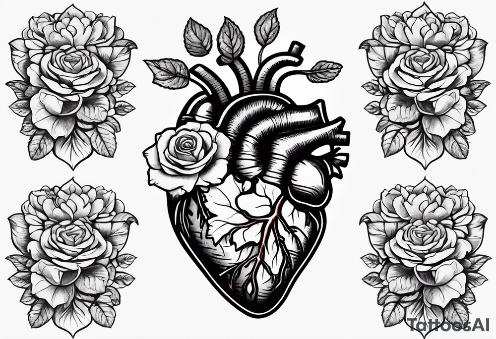 Anatomical heart with roses, violets, and daises coming out of the top of the head vessels with roots coming through the cracks to hold the heart together tattoo idea