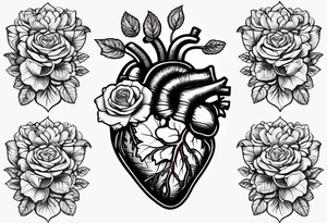 Anatomical heart with roses, violets, and daises coming out of the top of the head vessels with roots coming through the cracks to hold the heart together tattoo idea