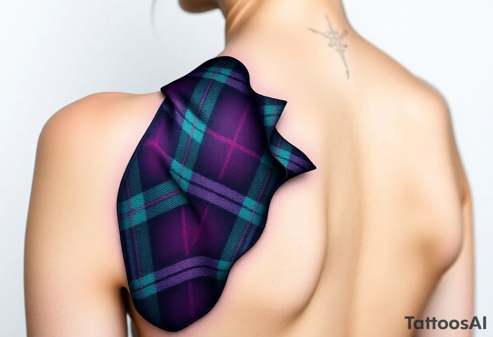 Dark Purple with green pink blue and white highlights tartan fabric with skin around edges peeling and wrapping around side of shoulder tattoo idea