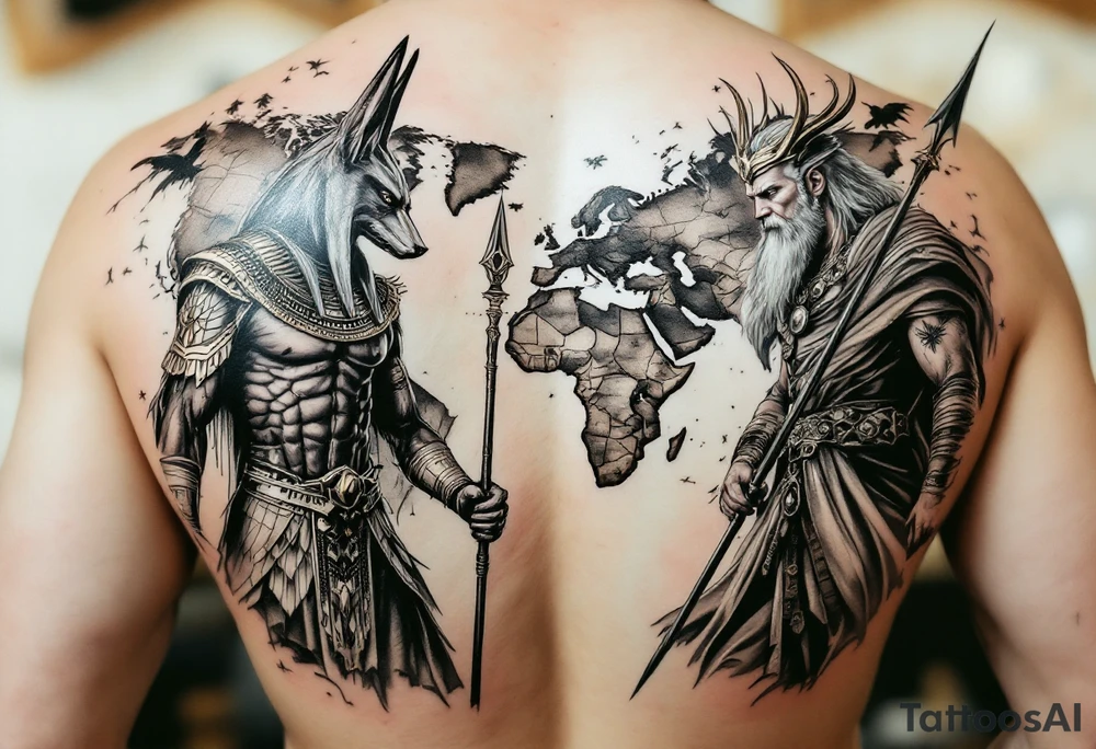Design a full-back tattoo in a hyper-realistic style. The central background is a detailed geographical map, showcasing continents, oceans, and subtle topographical details, blending seamlessly into the composition. On the left side, Anubis, the ancient Egyptian god of the afterlife, is depicted in striking realism, standing tall with a jackal head, wearing traditional Egyptian armor and holding an ankh and a scepter. On the right side, Odin, the Norse Allfather, is shown in battle, wielding his spear Gungnir, with his ravens, Huginn and Muninn, flying around him. Odin’s intense expression and flowing cloak contrast with Anubis's stoic, watchful presence. The two figures face each other across the map, creating a dynamic tension, as if representing two powerful mythologies guarding the world. The design incorporates fine details and shading to bring depth and texture to the tattoo, emphasizing realism and artistry tattoo idea