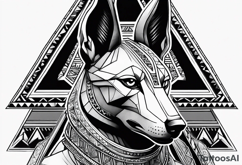 Strict Anubis portrait with pyramids on the background tattoo idea