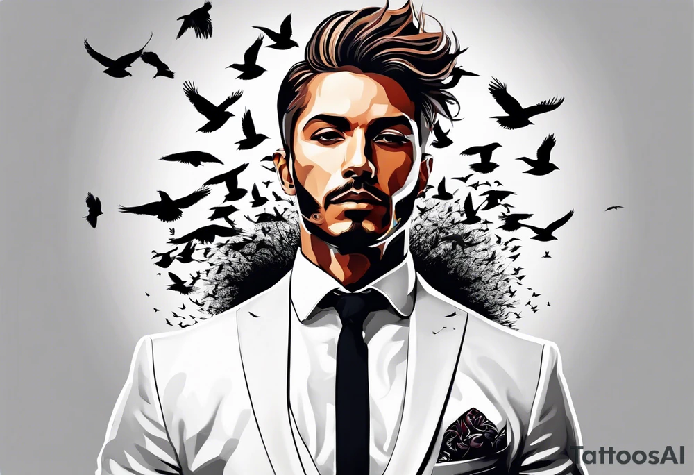 silhouette of a man wearing a suit morphing into a flock of birds tattoo idea