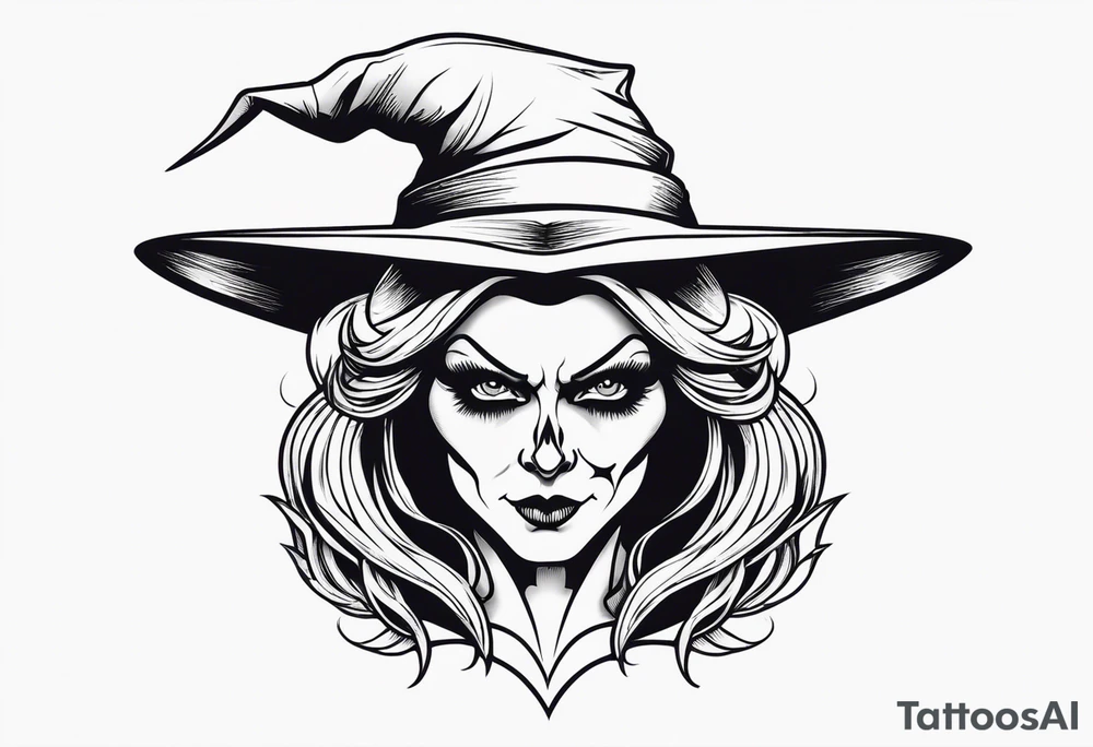 wicked witch face with just skull hair and hat tattoo idea