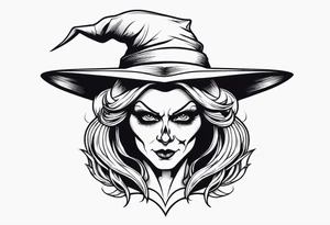 wicked witch face with just skull hair and hat tattoo idea