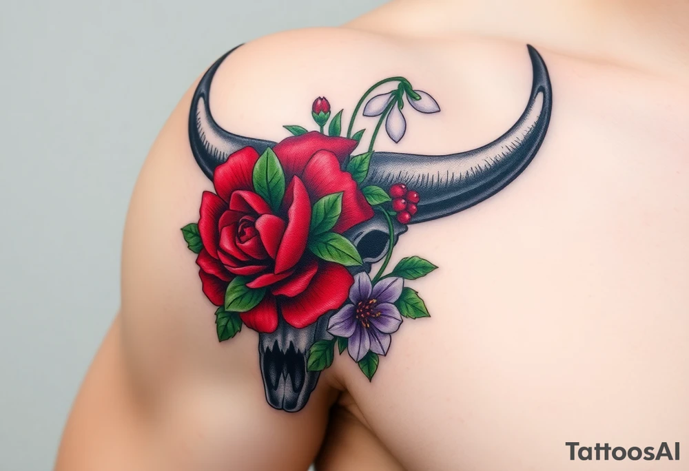 Buffalo or bison skull with flowers. Red Peony, snowdrop, green holly with red berries, purple larkspur,  red peony. Colour. For upper arm or shoulder. Masculin. tattoo idea