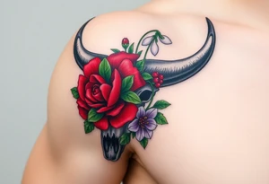 Buffalo or bison skull with flowers. Red Peony, snowdrop, green holly with red berries, purple larkspur,  red peony. Colour. For upper arm or shoulder. Masculin. tattoo idea