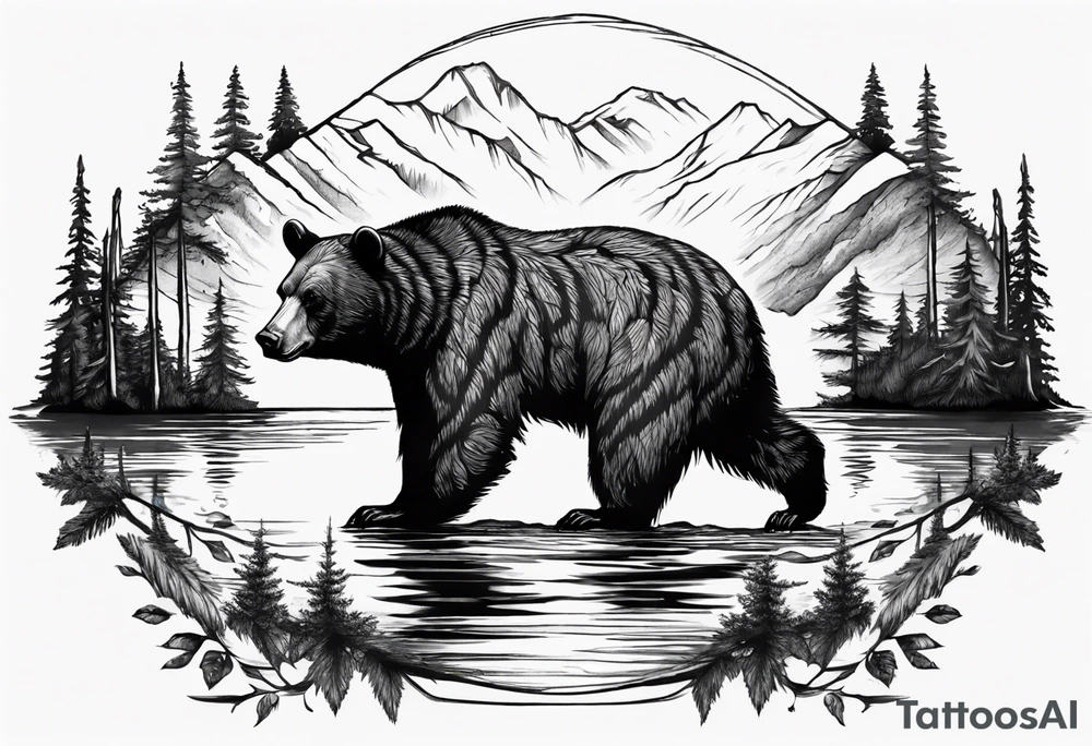 black bear over a forest with a lake below tattoo idea black bear over a forest with a lake below tattoo idea