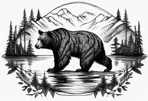 black bear over a forest with a lake below tattoo idea