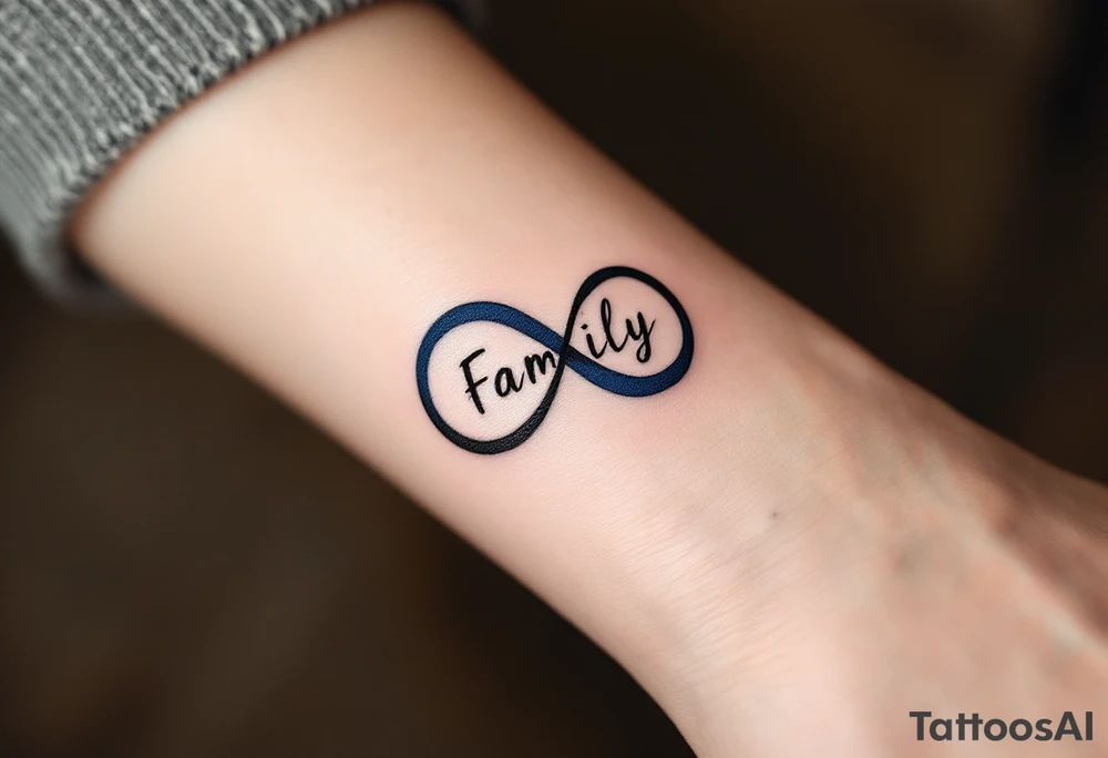 word "Family" in an infinity symbol, one half black, the other shaded in cobalt blue. tattoo idea