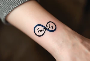 word "Family" in an infinity symbol, one half black, the other shaded in cobalt blue. tattoo idea