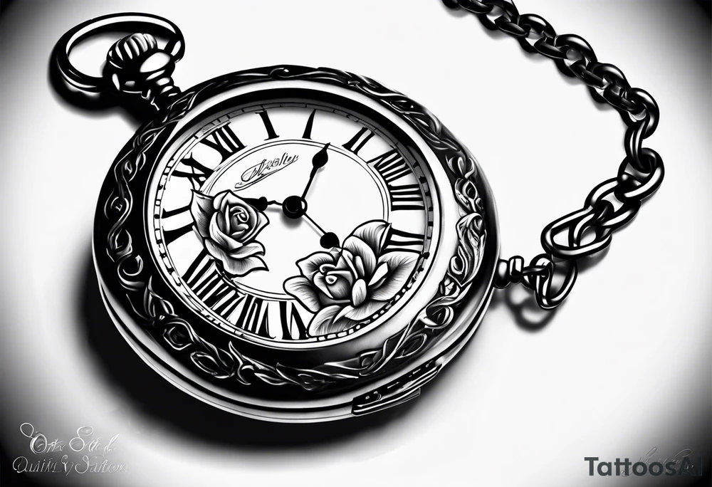 Pocket watch with chain and roses tattoo idea