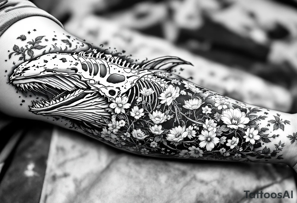 idea is basically a whale that's damaged and torn exposing the skeletal innerts, but it's still fiercely moving forward as hard as it can, swimming in waves and a bed of flower. contrasts, focus cherry blossoms, waves and fire tattoo idea
