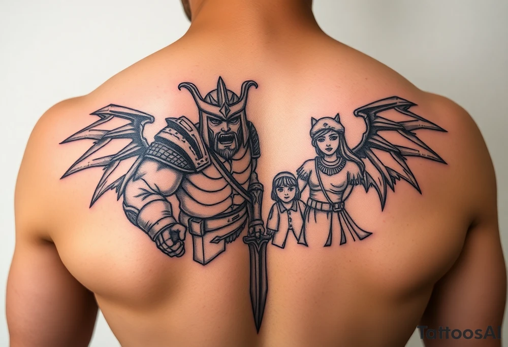 epic warrior tattoo protecting family tattoo idea