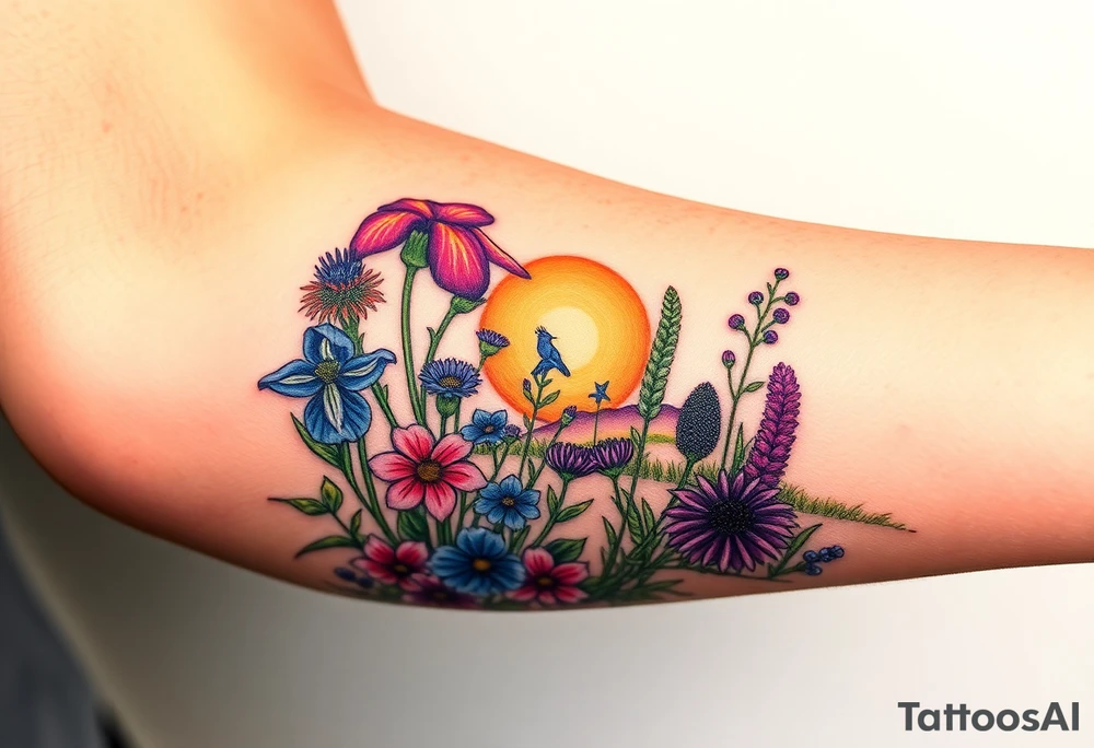 a bunch of cutleaf coneflower, blue flag iris, bee balm, obedient plant, purple coneflower on a hill with grass with a beautiful sunset and wildlife tattoo idea