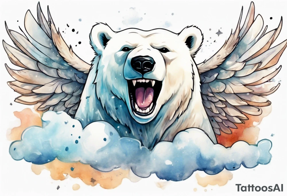a polar bear with wings surrounded by clouds in the sky, laughing tattoo idea