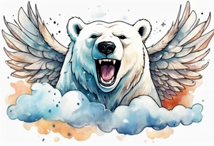 a polar bear with wings surrounded by clouds in the sky, laughing tattoo idea