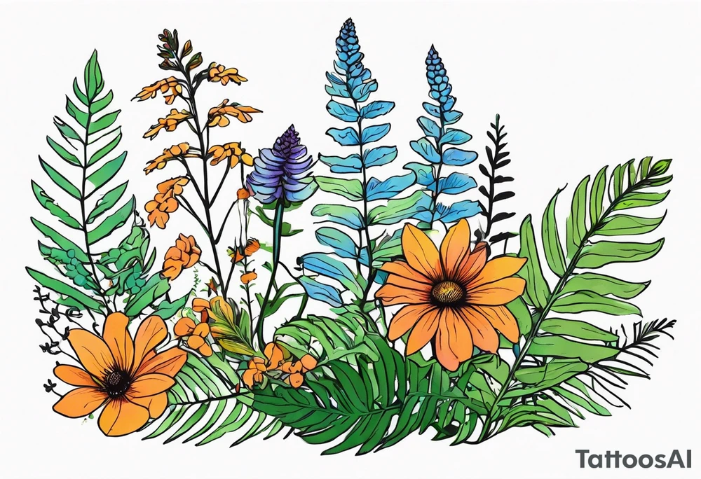 saturated mixed wildflower with ferns and with color tattoo idea