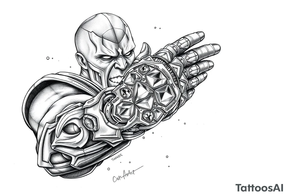 thanos with infinity gaulet filled with infinity stones fighting avengers tattoo idea