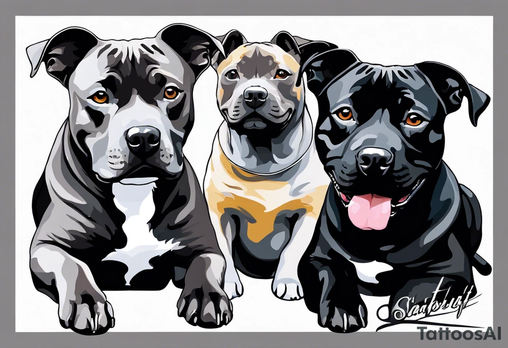 "Design a black and grey tattoo featuring two Staffy dogs, each representing a special date. The first Staffy should have a strong, loyal posture, with a playful but wise expression, and beneath it, the date 'August 5th, 2019.' The second Staffy should appear slightly younger, with an alert, loving look, with the date 'May 18th, 2022' beneath. Both dogs should be surrounded by soft, detailed shading to emphasize their presence.

Additionally, include two beautifully detailed roses, each blooming with significance. One rose should be placed near the first Staffy, with the date '2007' subtly integrated into its petals. The second rose should be positioned near the second Staffy, with the date '2022' hidden elegantly within its design. These roses symbolize two special people, so they should feel delicate yet resilient, merging naturally with the overall composition."

This tattoo will tell a heartfelt story of love, loyalty, and memory with a natural and symbolic flow. tattoo idea