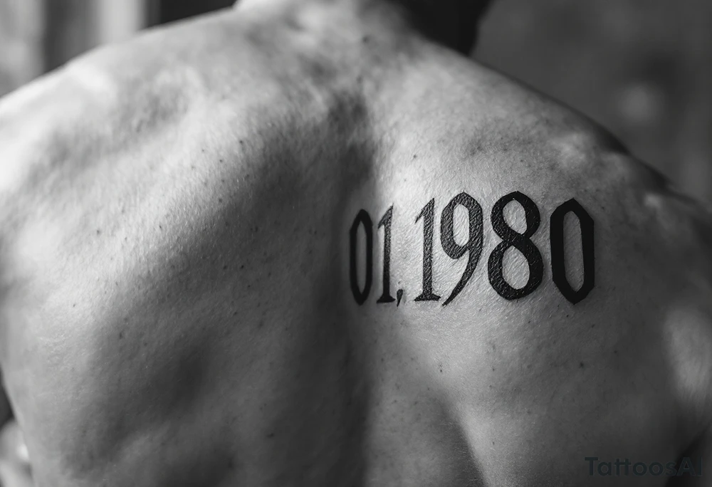 Masculine date 01.01.1980 in monospaced type with steel gray ink and thick lines. tattoo idea