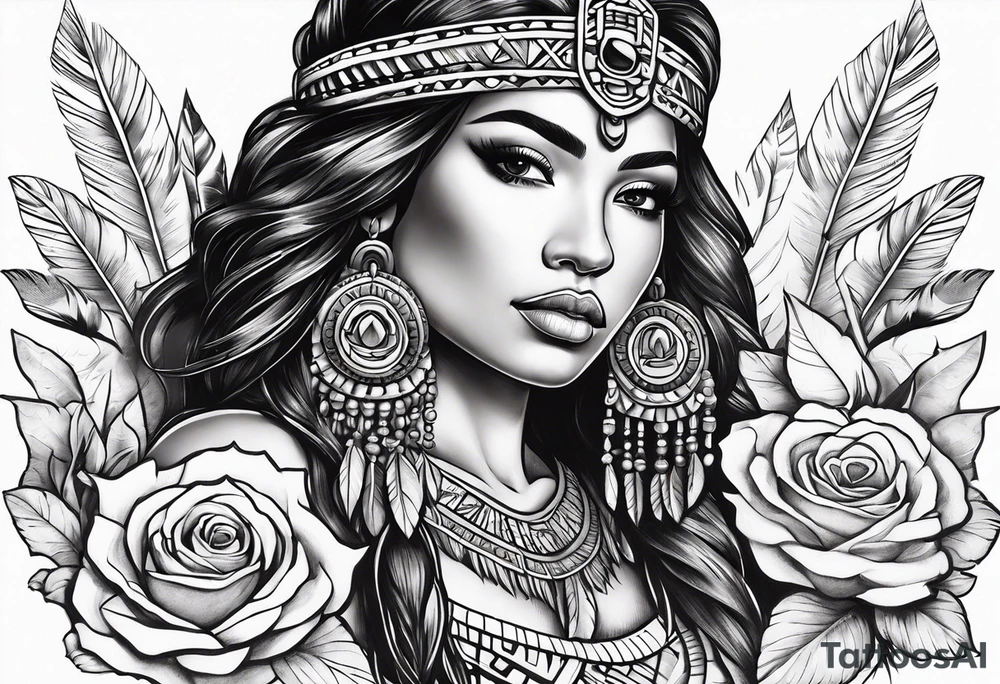 Aztec princess with roses and feathers tattoo idea