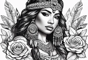 Aztec princess with roses and feathers tattoo idea