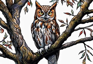 eastern screech owl in tree tattoo idea