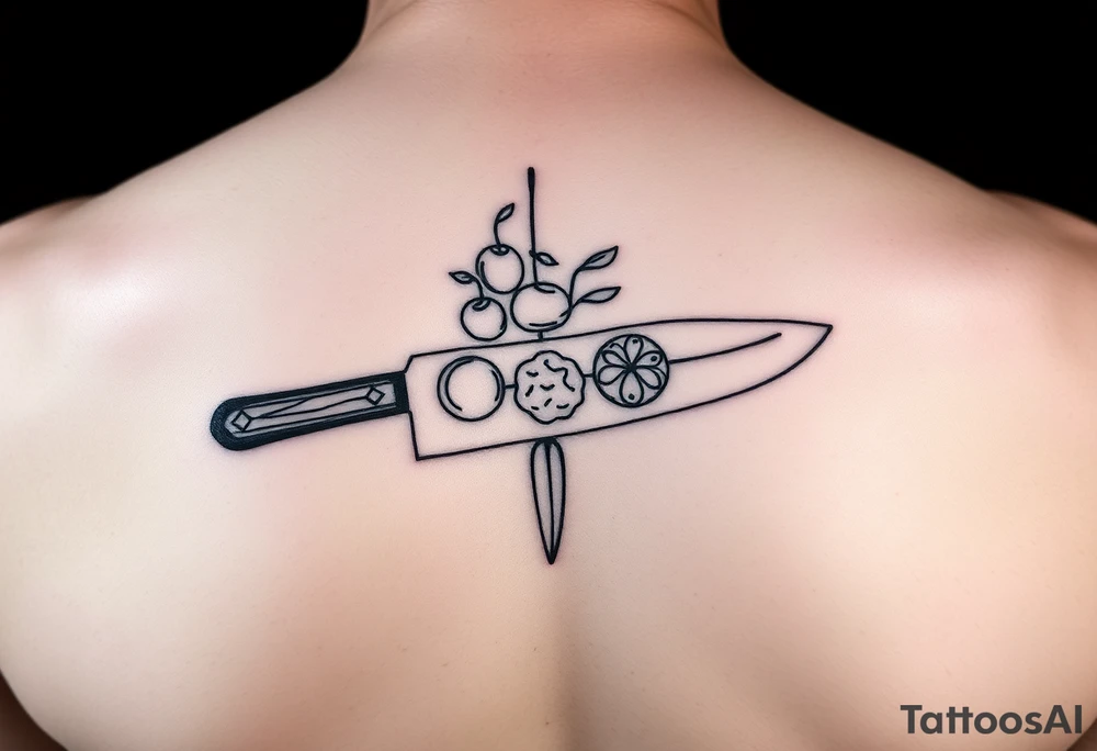 geometric fine line tattoo of a chefs knife with visual representation of the 5 tastes tattoo idea