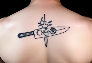 geometric fine line tattoo of a chefs knife with visual representation of the 5 tastes tattoo idea