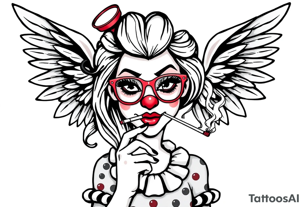 beautiful long hair pin up Clown Girl pays thug eyeglasses  angelic wings smoking a cigarette tattoo idea