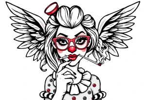 beautiful long hair pin up Clown Girl pays thug eyeglasses  angelic wings smoking a cigarette tattoo idea